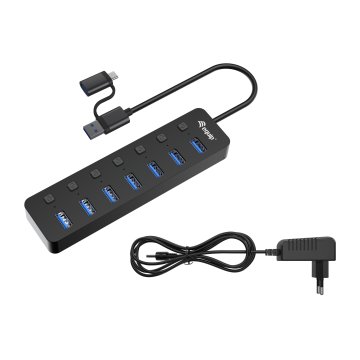 Hub Usb Equip Life 128965 7 Puertos Usb-a 3.2 Gen1 Con Interruptor Led 5v 2a Incluye Adaptador A Usb-c 2