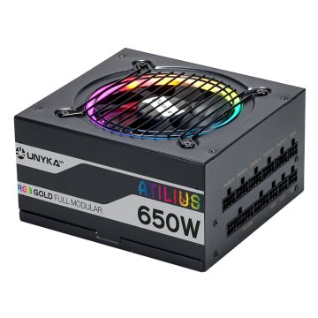 Fuente De Alimentación Unyka Atilius Rgb Atx 650w Black Cableado Modular Apfc Activo Eficiencia Energetica 90% Ventilador Rgb