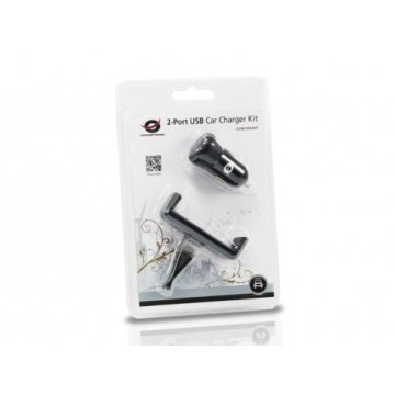 Cargador De Coche Conceptronic 5v 2xusb Para Coche 12 24v + Soporte Smartphone Toma Ventilacion Cusbcar2akit 2
