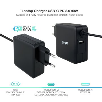 Cargador De Pared Tooq Tqlc-usbc90pd Usb-c Pd3.0 90w Color Negro 2